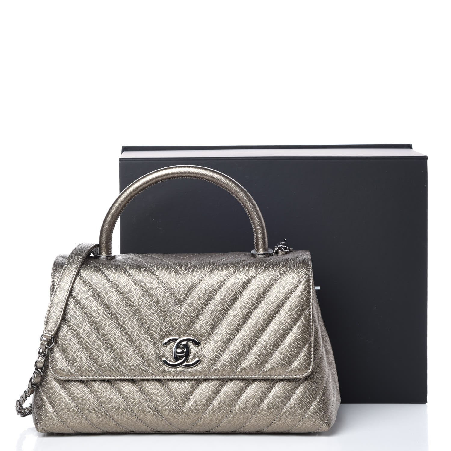 Chanel Metallic Caviar Chevron Quilted Small Coco Handle Flap Light Gold 10 of 10