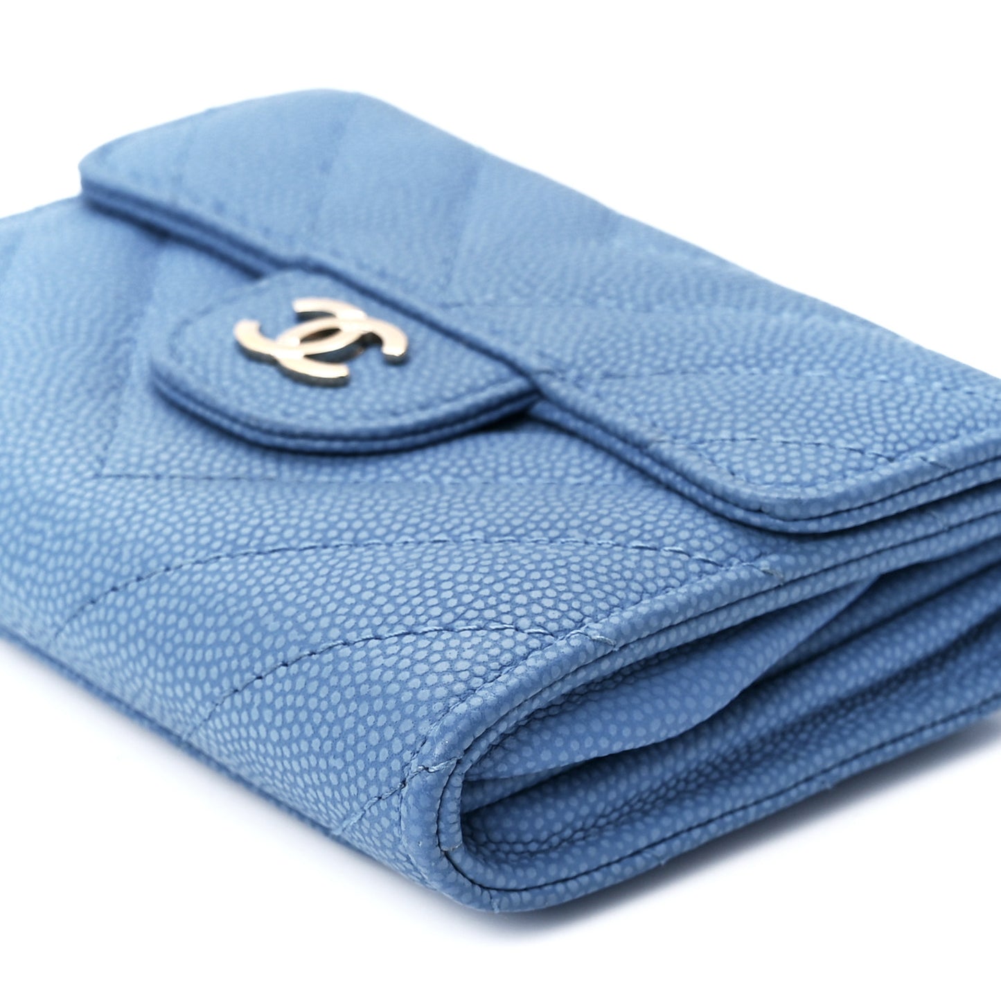 Caviar Flat Chevron Quilted Flap Card Holder Wallet Blue