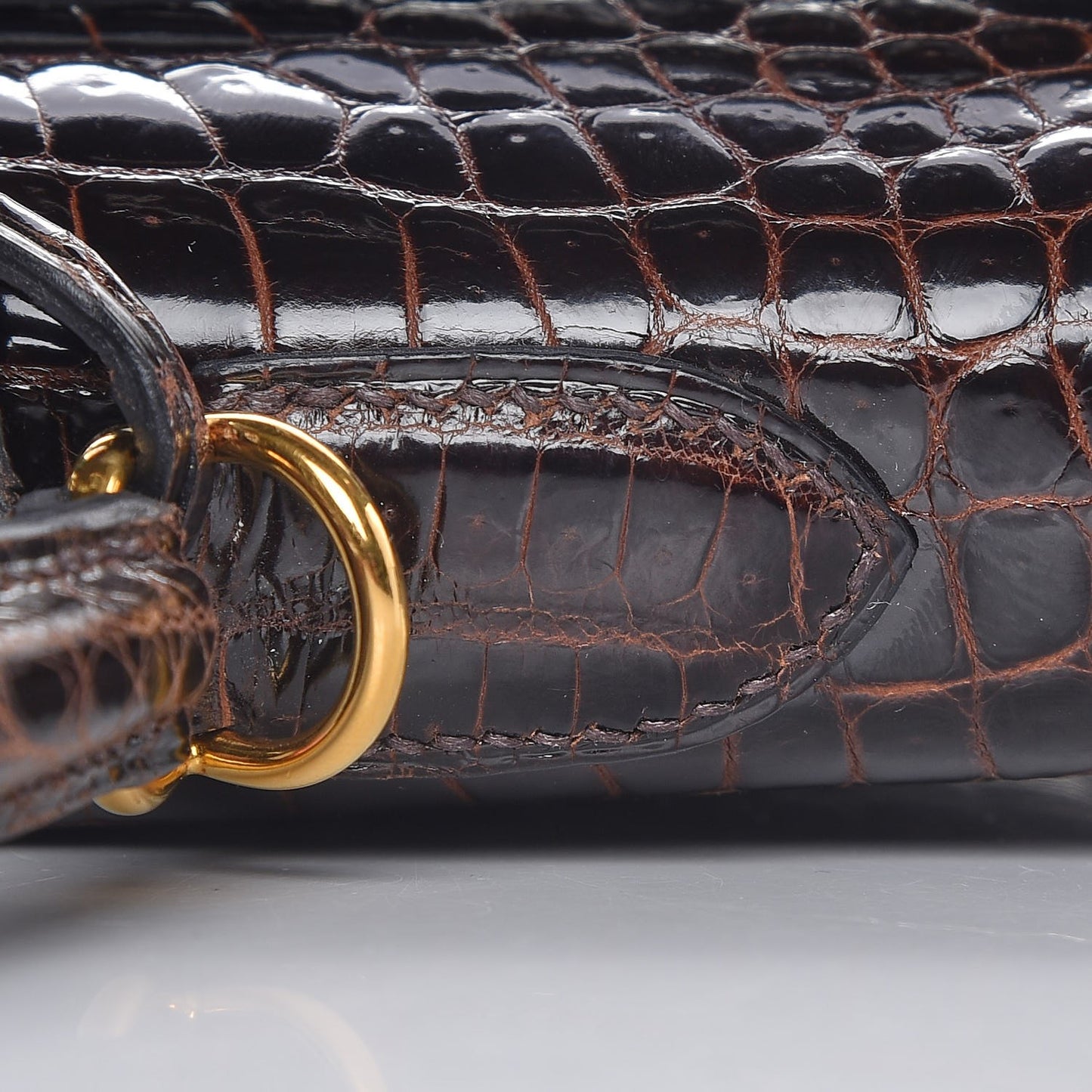 Shiny Porosus Crocodile Kelly Sellier 35 Havane