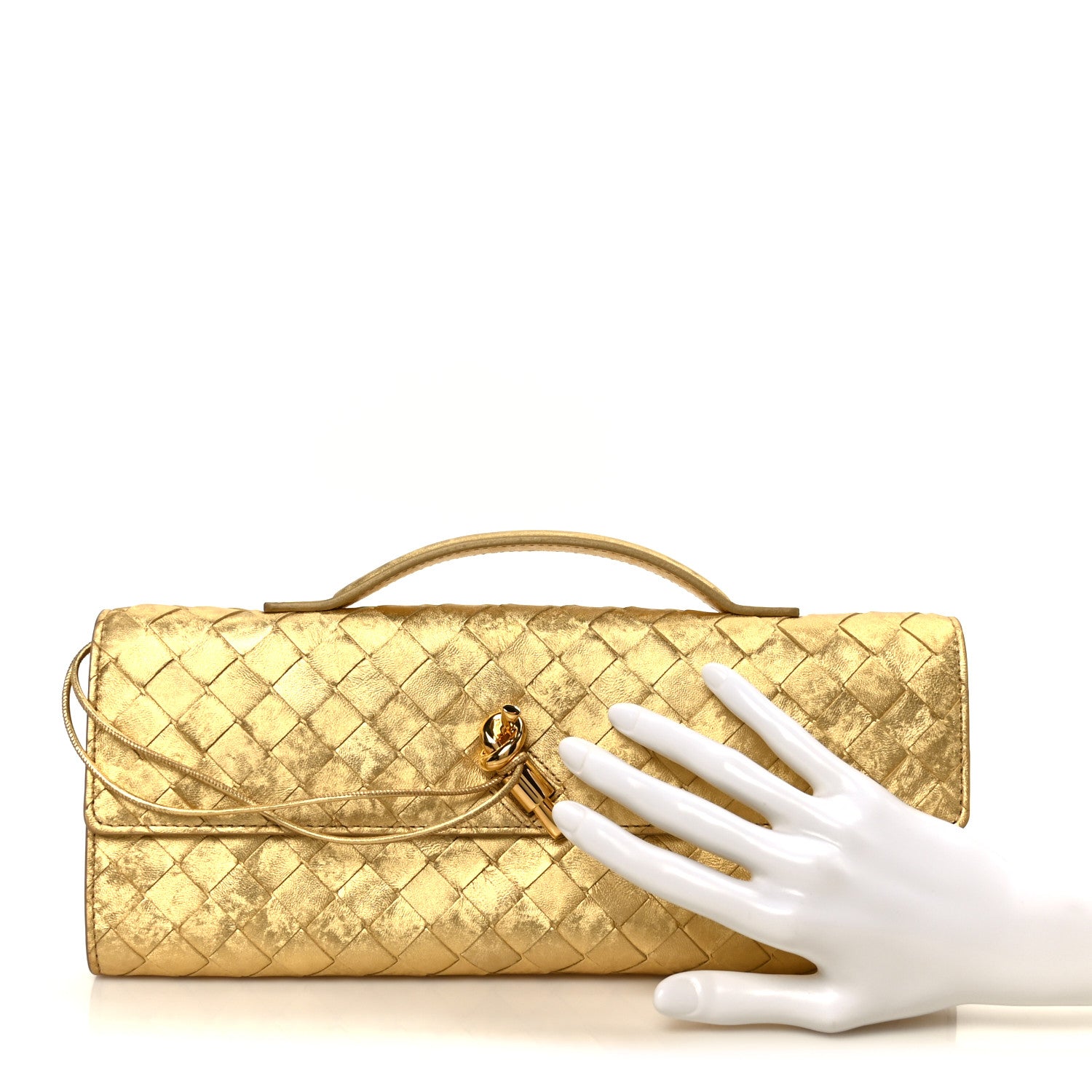 Bottega Veneta Metallic Satin Lambskin Intrecciato Long Andiamo Top Handle Clutch Gold 2 of 8