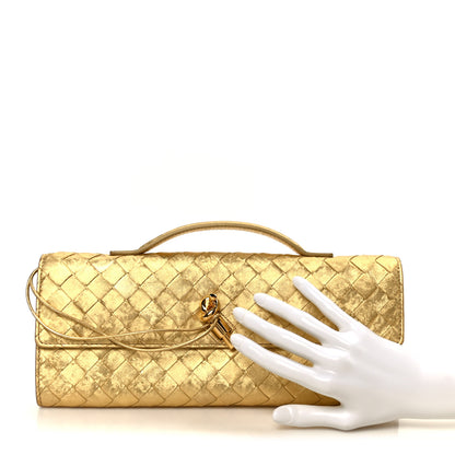 Bottega Veneta Metallic Satin Lambskin Intrecciato Long Andiamo Top Handle Clutch Gold 2 of 8