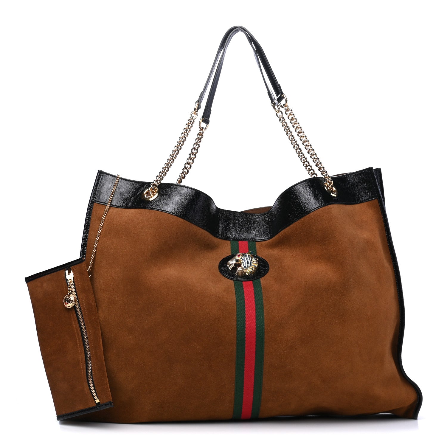 Gucci Suede Patent Maxi Rajah Chain Tote Nocciola Black 1 of 6