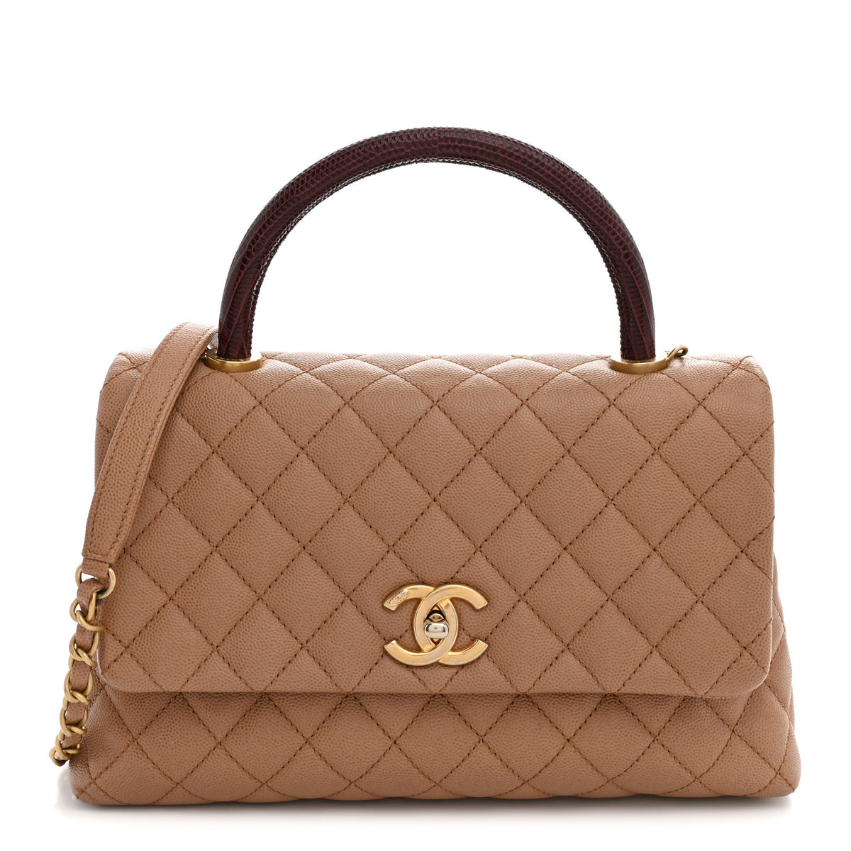 Caviar Lizard Quilted Small Coco Handle Flap Beige