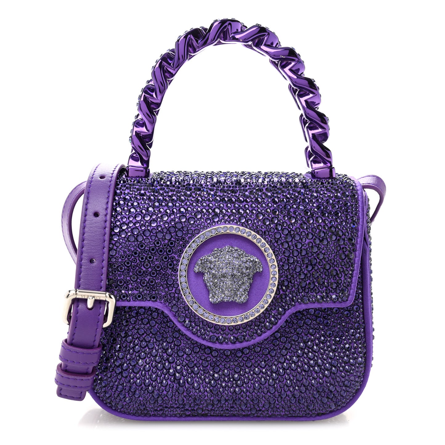 Satin Crystal Studded Mini La Medusa Bag Purple