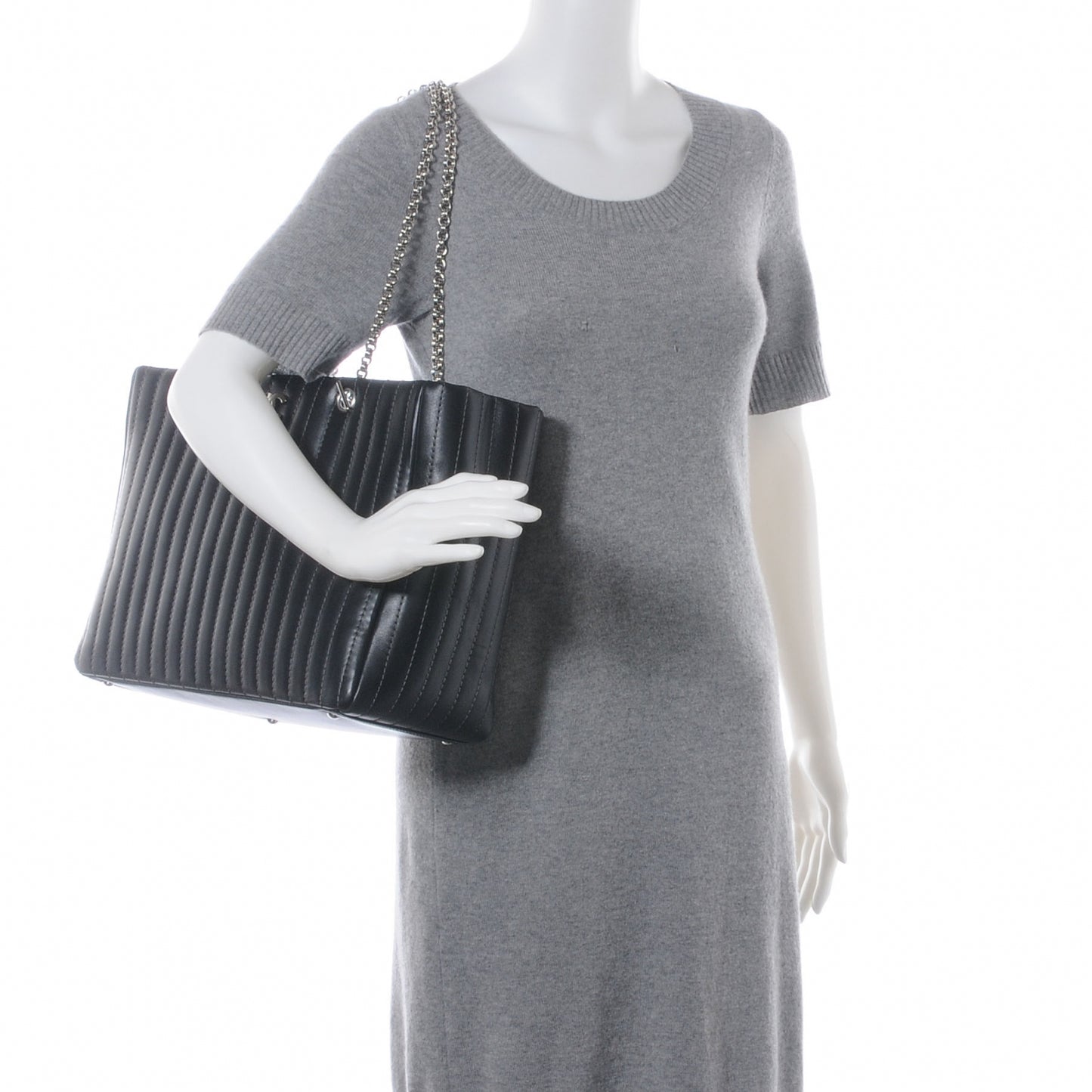 Lambskin Vertical Quilted Large Mademoiselle Tote Black