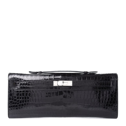 Hermes Shiny Porosus Crocodile Kelly Cut Pochette Black 1 of 7