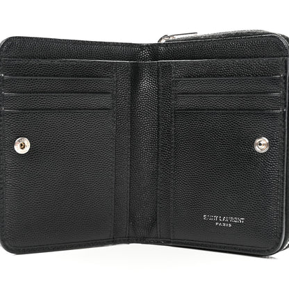 Saint Laurent Grain De Poudre Matelasse Chevron Monogram Compact Zip Around Wallet Black 6 of 10