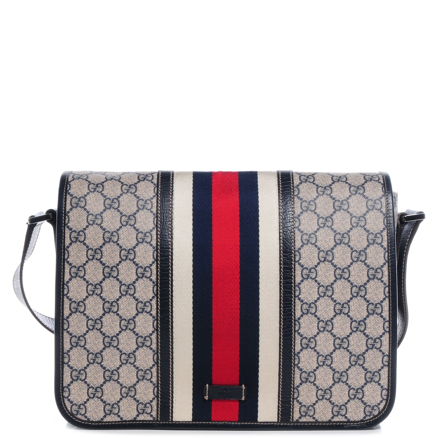 GG Plus Monogram Vintage Web Flap Messenger Bag Beige Navy Blue