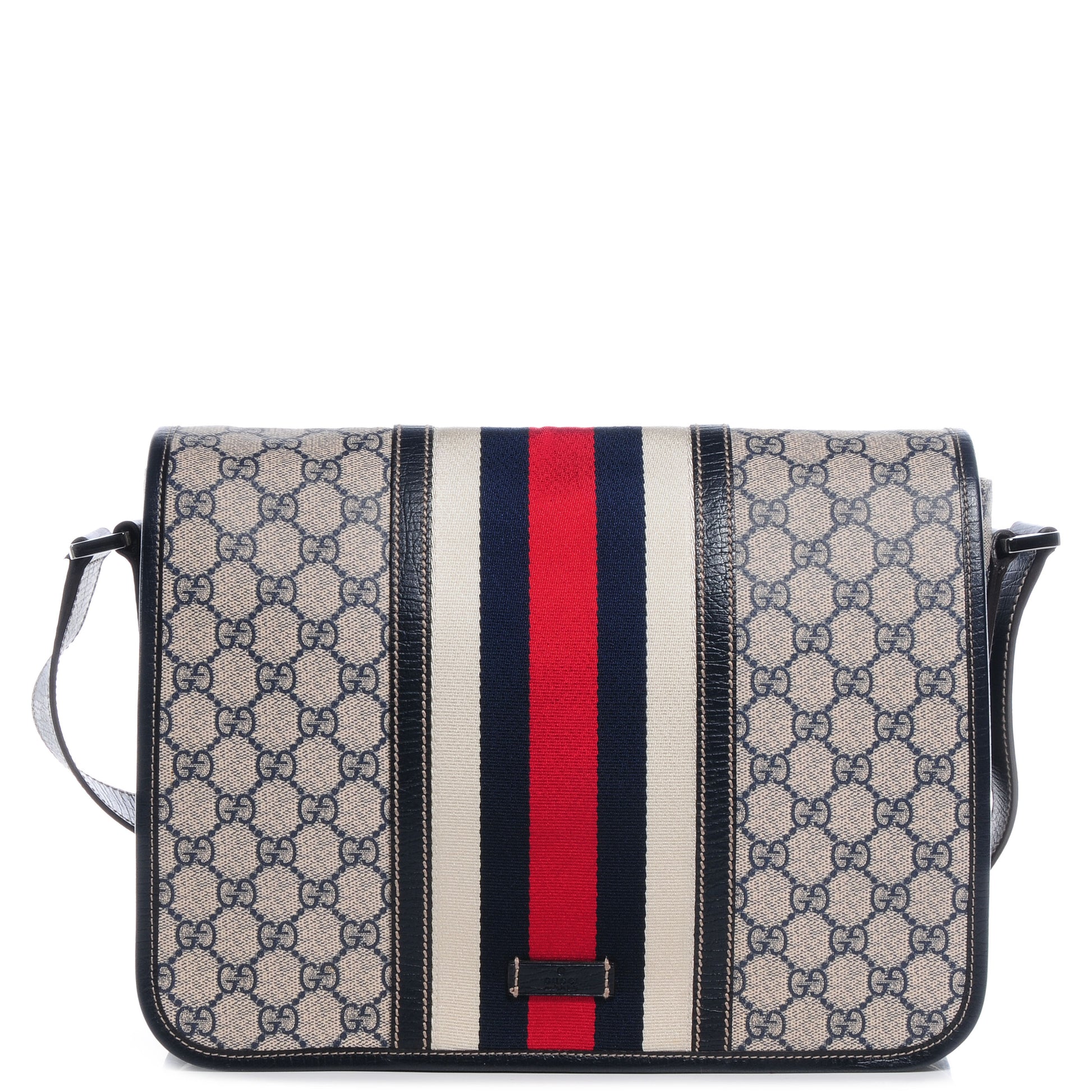 Gucci GG Plus Monogram Vintage Web Flap Messenger Bag Beige Navy Blue 1 of 8