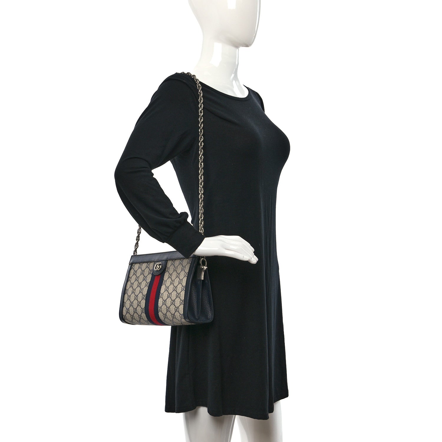 Gucci GG Supreme Monogram Textured Dollar Calfskin Web Small Ophidia Chain Shoulder Bag Beige Blue 2 of 9