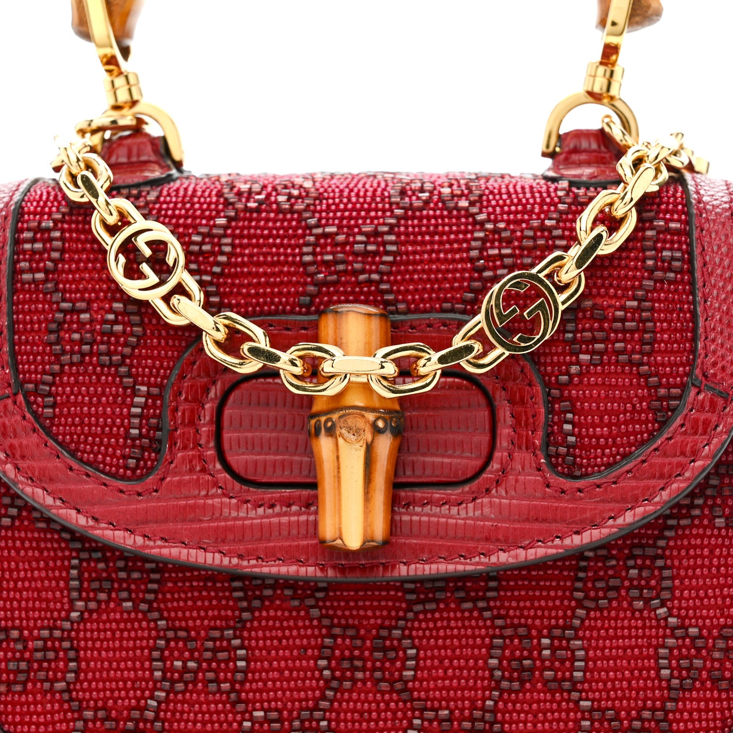Gucci Moire Fabric Calfskin Rhinestone Monogram Monochrome Lizard Embossed Mini Bamboo 1947 Top Handle Chain Bag Red 8 of 10