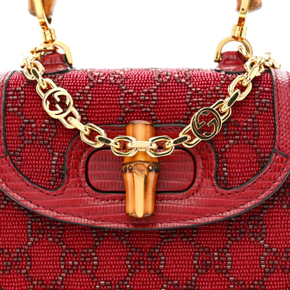 Gucci Moire Fabric Calfskin Rhinestone Monogram Monochrome Lizard Embossed Mini Bamboo 1947 Top Handle Chain Bag Red 8 of 10