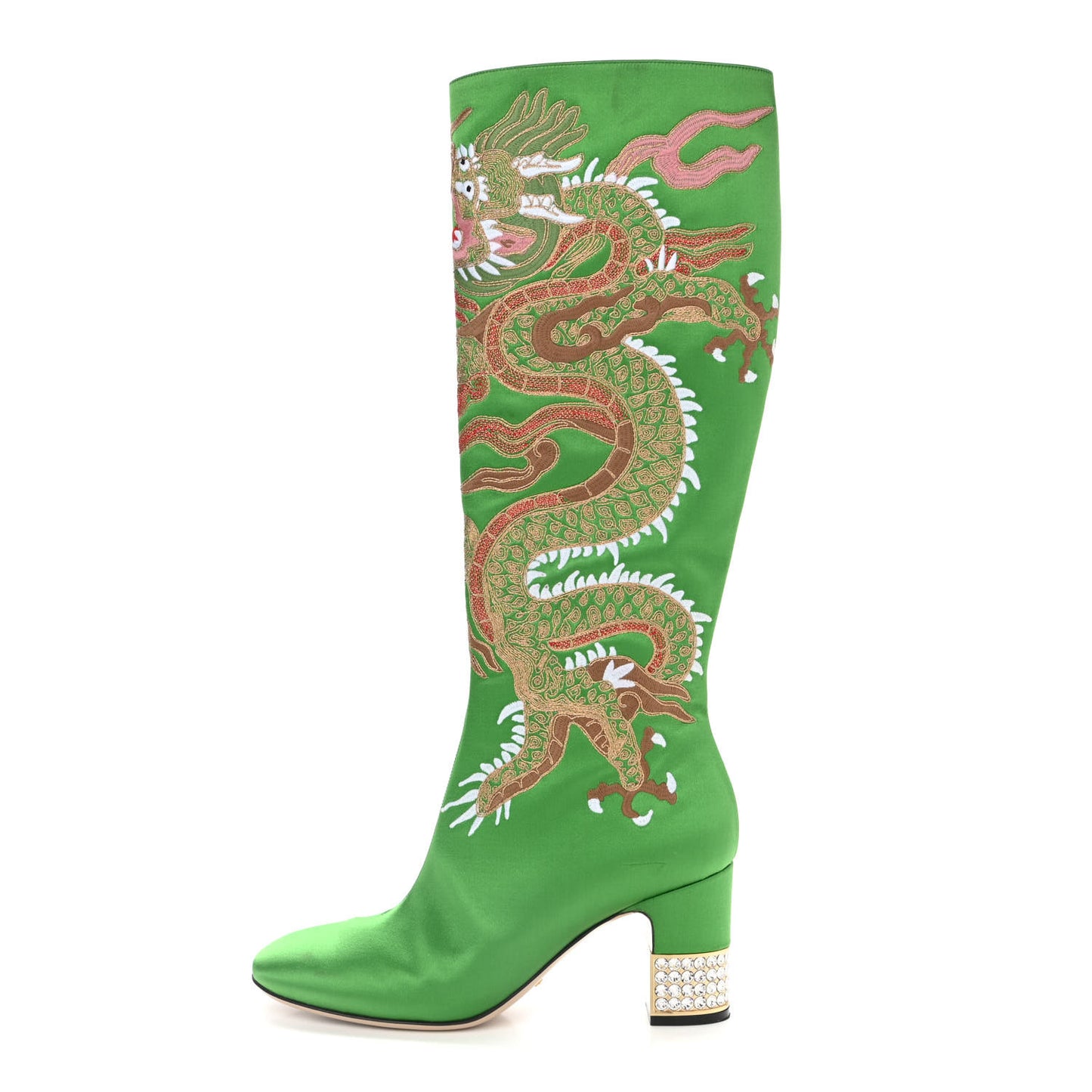 Silk Satin Malaga Kid Embroidered Candy Dragon Block-Heel Knee Boot 39 Palm