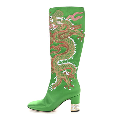 Gucci Silk Satin Malaga Kid Embroidered Candy Dragon Block-Heel Knee Boot 39 Palm 1 of 12