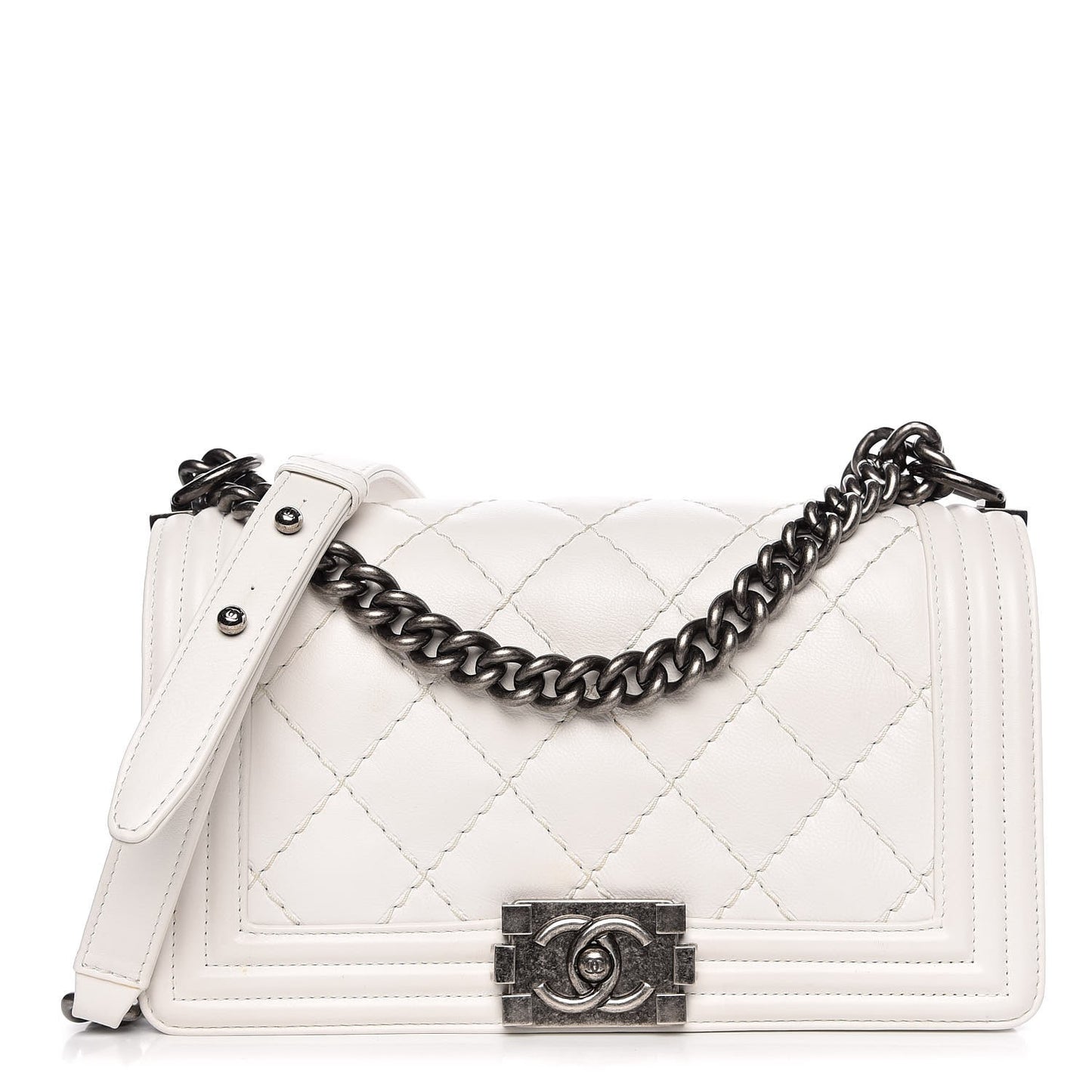 Calfskin Double Stitch Medium Boy Flap White