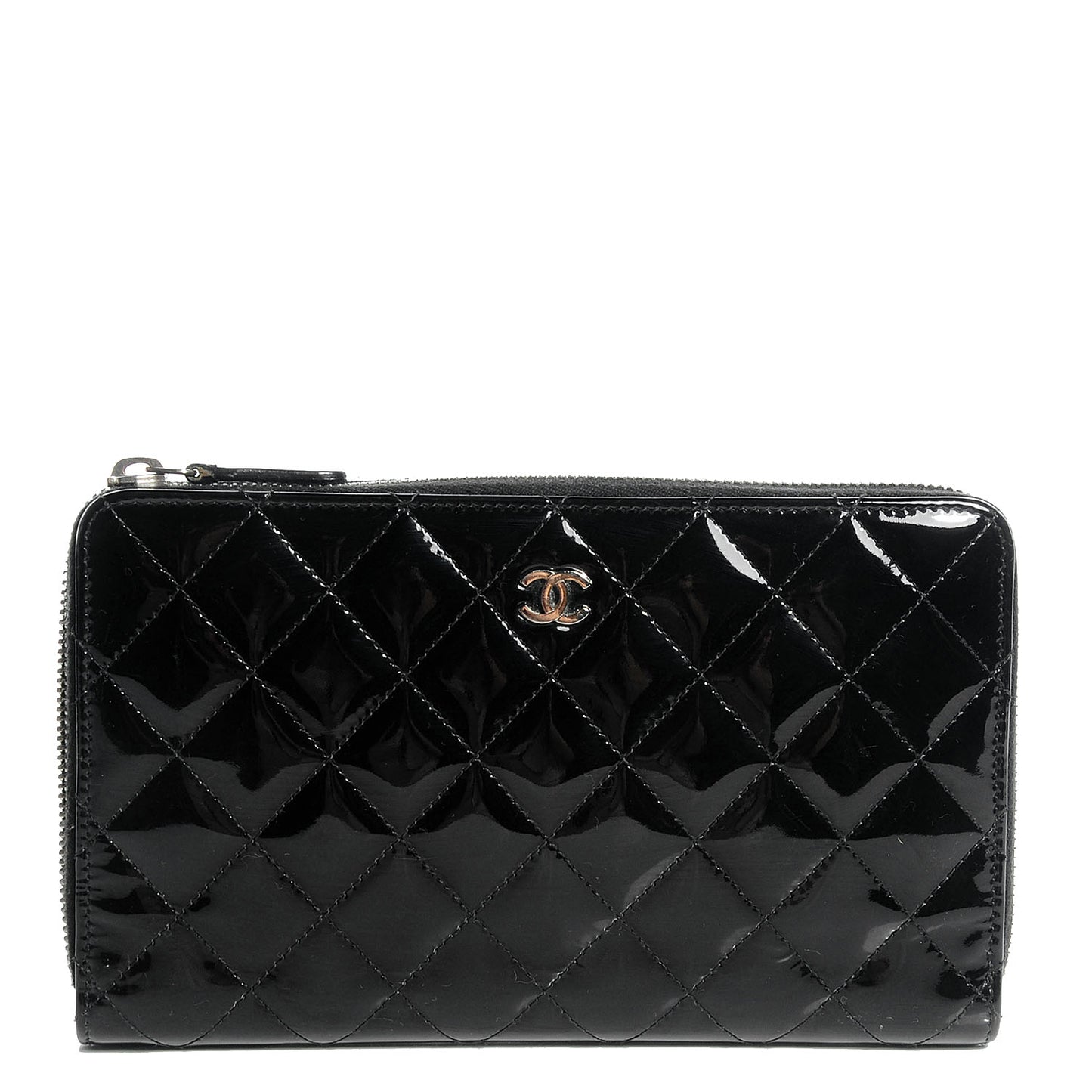 Patent Quilted Large Zip Around Organizer Wallet Black