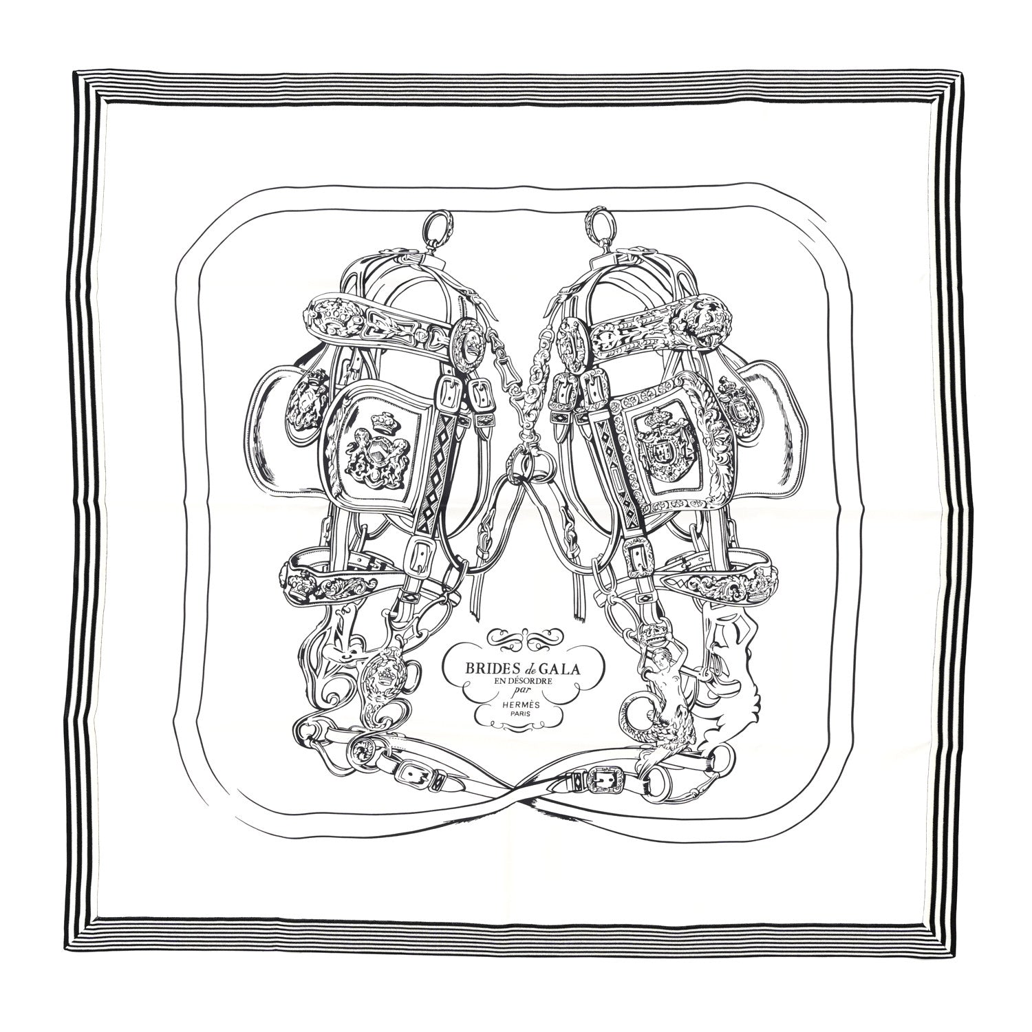 Hermes Silk Brides De Gala Brode Scarf 90 White Black 1 of 3