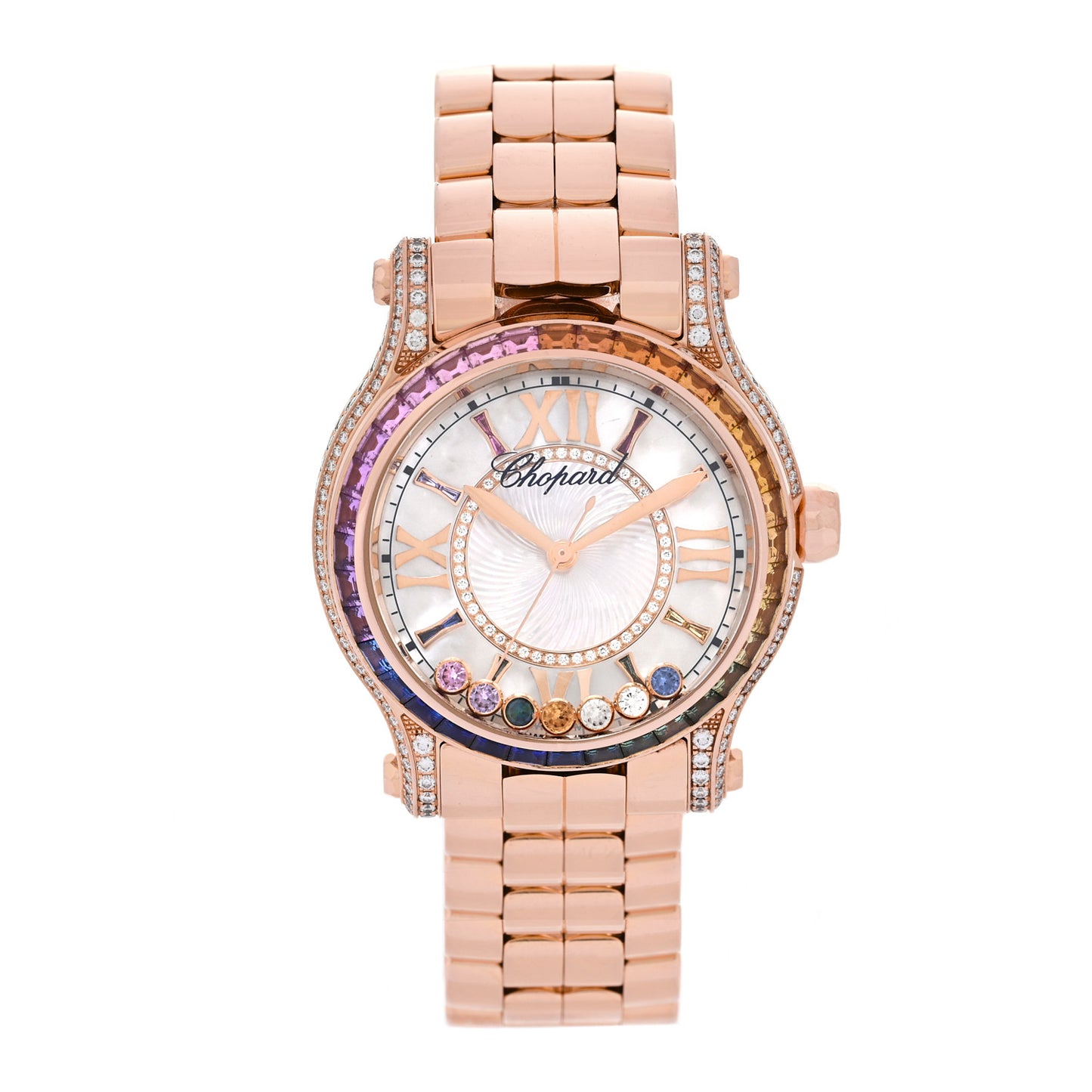 18K Rose Gold Diamond Mother of Pearl Multicolor Sapphire 36mm Happy Sport Automatic Watch