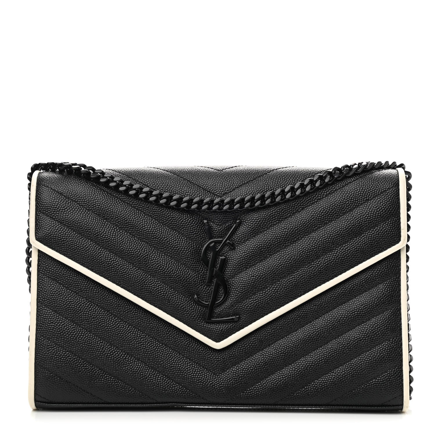Saint Laurent Grain De Poudre Matelasse Chevron Monogram Chain Wallet Black White 1 of 13