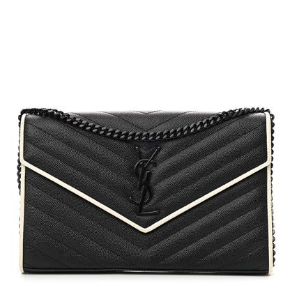 Saint Laurent Grain De Poudre Matelasse Chevron Monogram Chain Wallet Black White 1 of 13