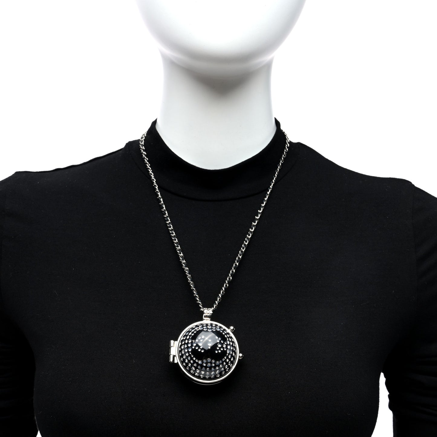 Resin Crystal Lambskin Ball Mirror Necklace Black Silver