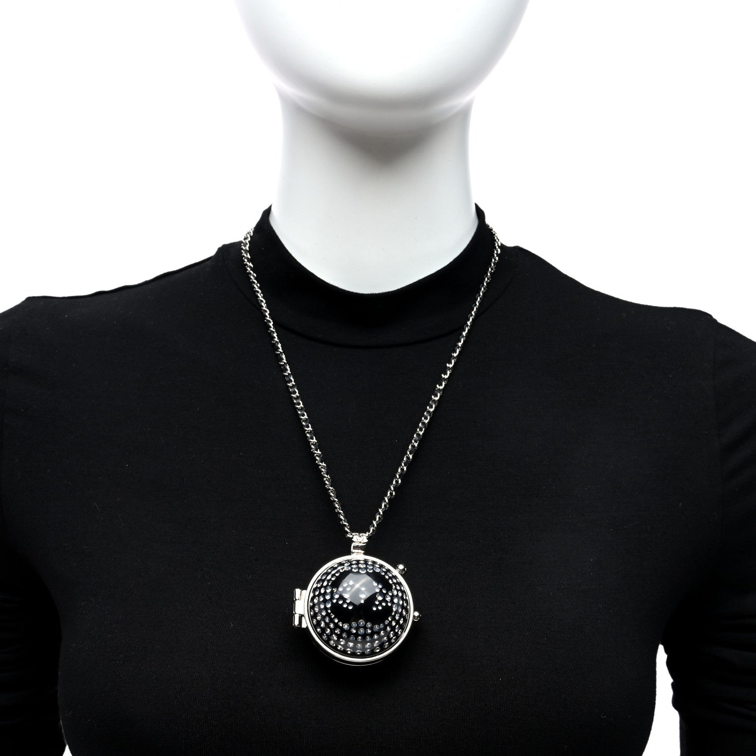 Chanel Resin Crystal Lambskin Ball Mirror Necklace Black Silver 2 of 6
