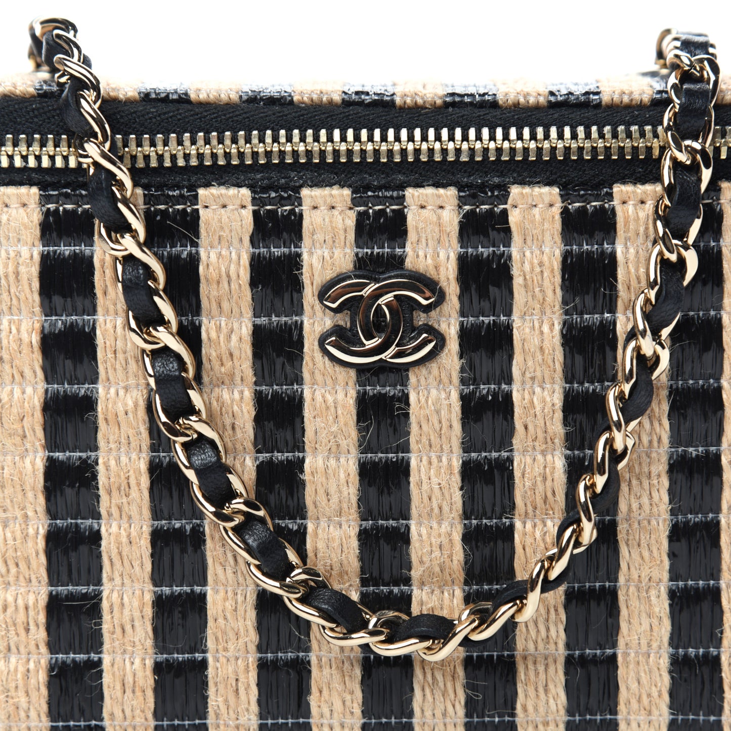 Raffia Jute Striped Small Vanity Case With Chain Black Beige