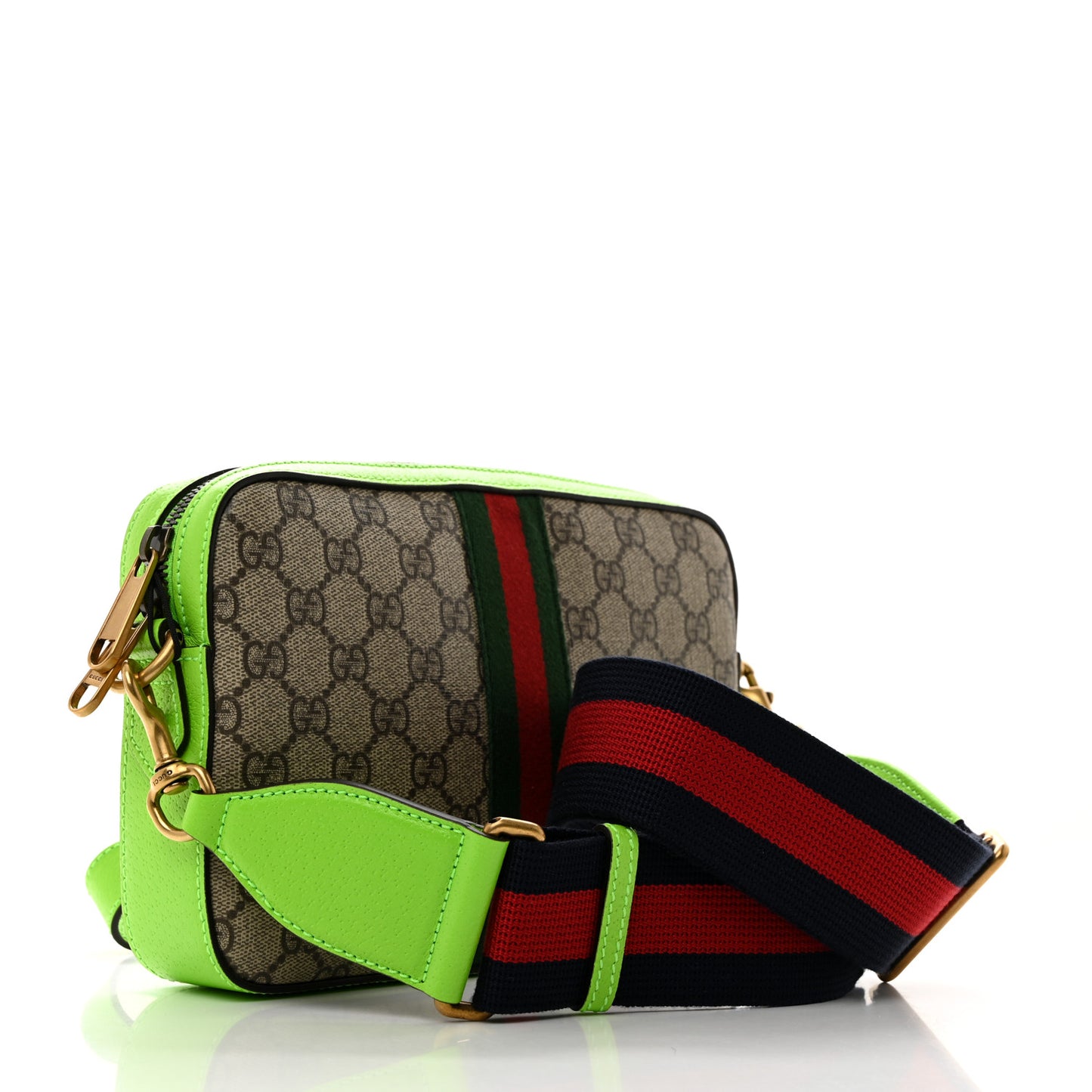 GG Supreme Monogram Textured Dollar Calfskin Web Ophidia Wristlet Shoulder Bag Beige Ebony Green