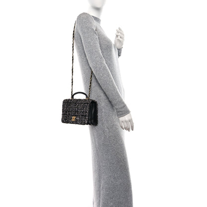 Chanel Tweed Lambskin Quilted Top Handle Flap Black White 2 of 12