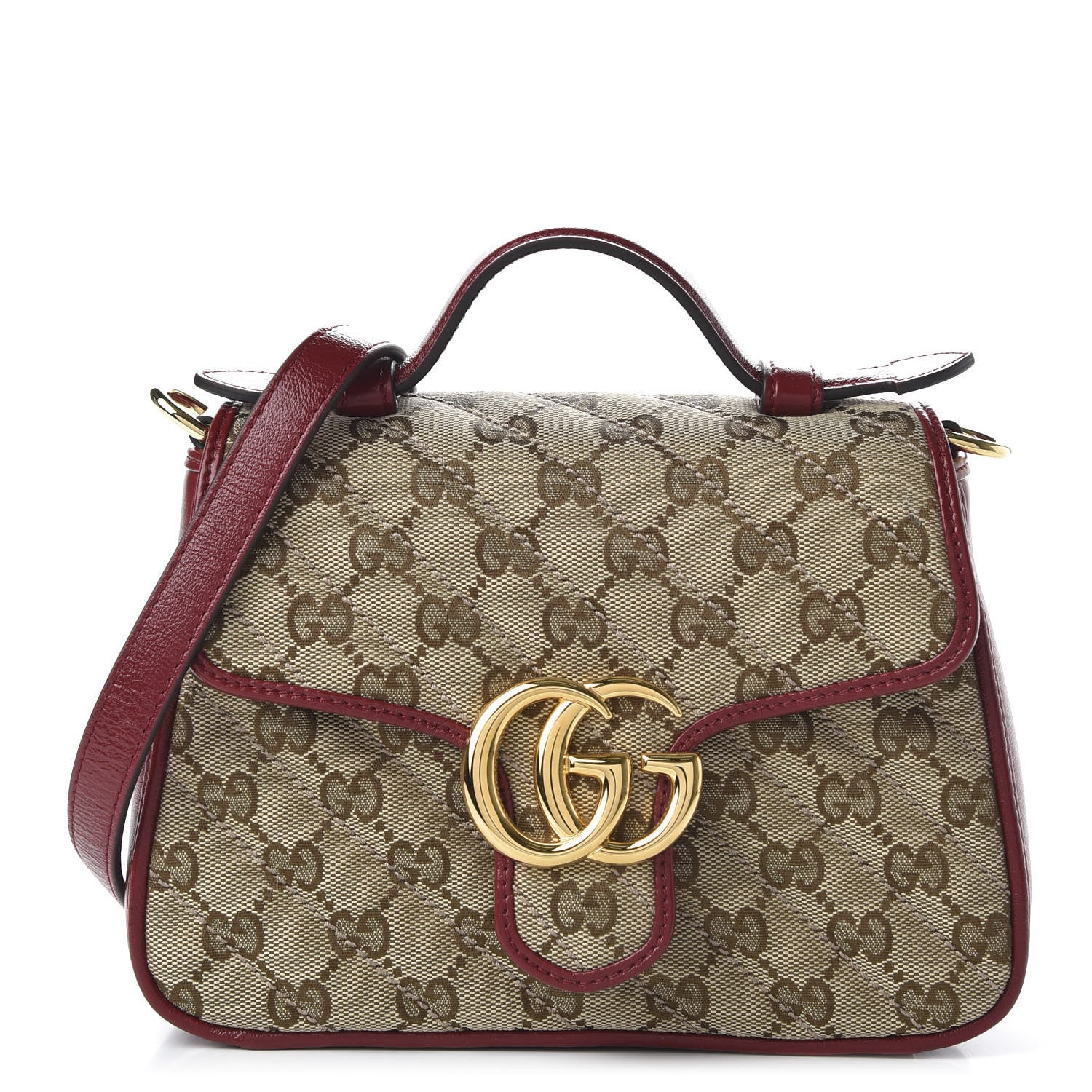 Gucci Monogram Glazed Calfskin Matelasse Diagonal Mini GG Marmont Top Handle Shoulder Bag Beige Ebony New Cherry Red 1 of 10