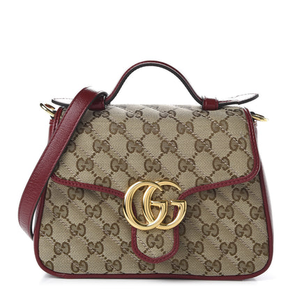 Gucci Monogram Glazed Calfskin Matelasse Diagonal Mini GG Marmont Top Handle Shoulder Bag Beige Ebony New Cherry Red 1 of 10