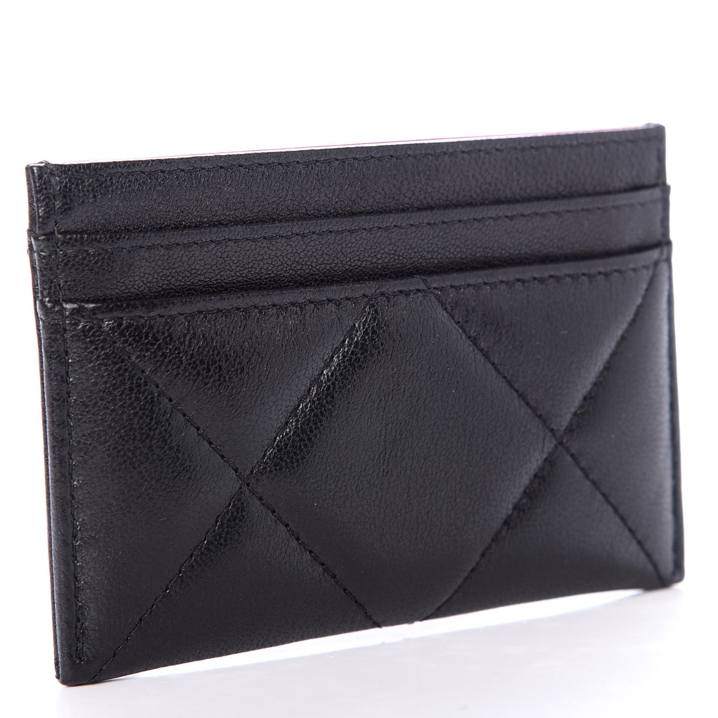 Shiny Goatskin Quilted Chanel 19 Card Holder Black