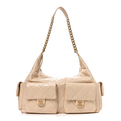 Chanel Shiny Lambskin Quilted Maxi Trendy Pockets Hobo Beige 1 of 11