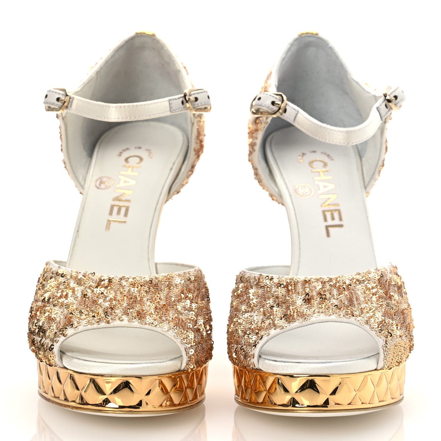 Chanel Metallic Sequin Peep Toe Pumps 37.5 Light Gold White 3 of 14