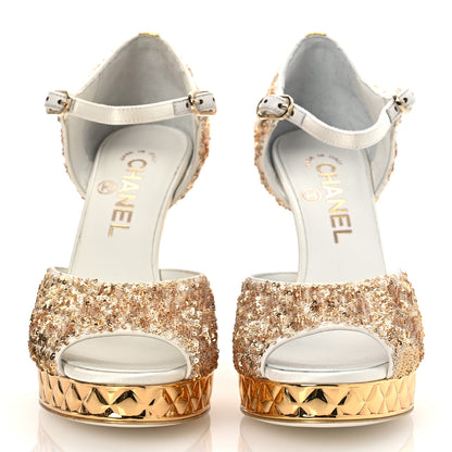 Chanel Metallic Sequin Peep Toe Pumps 37.5 Light Gold White 3 of 14