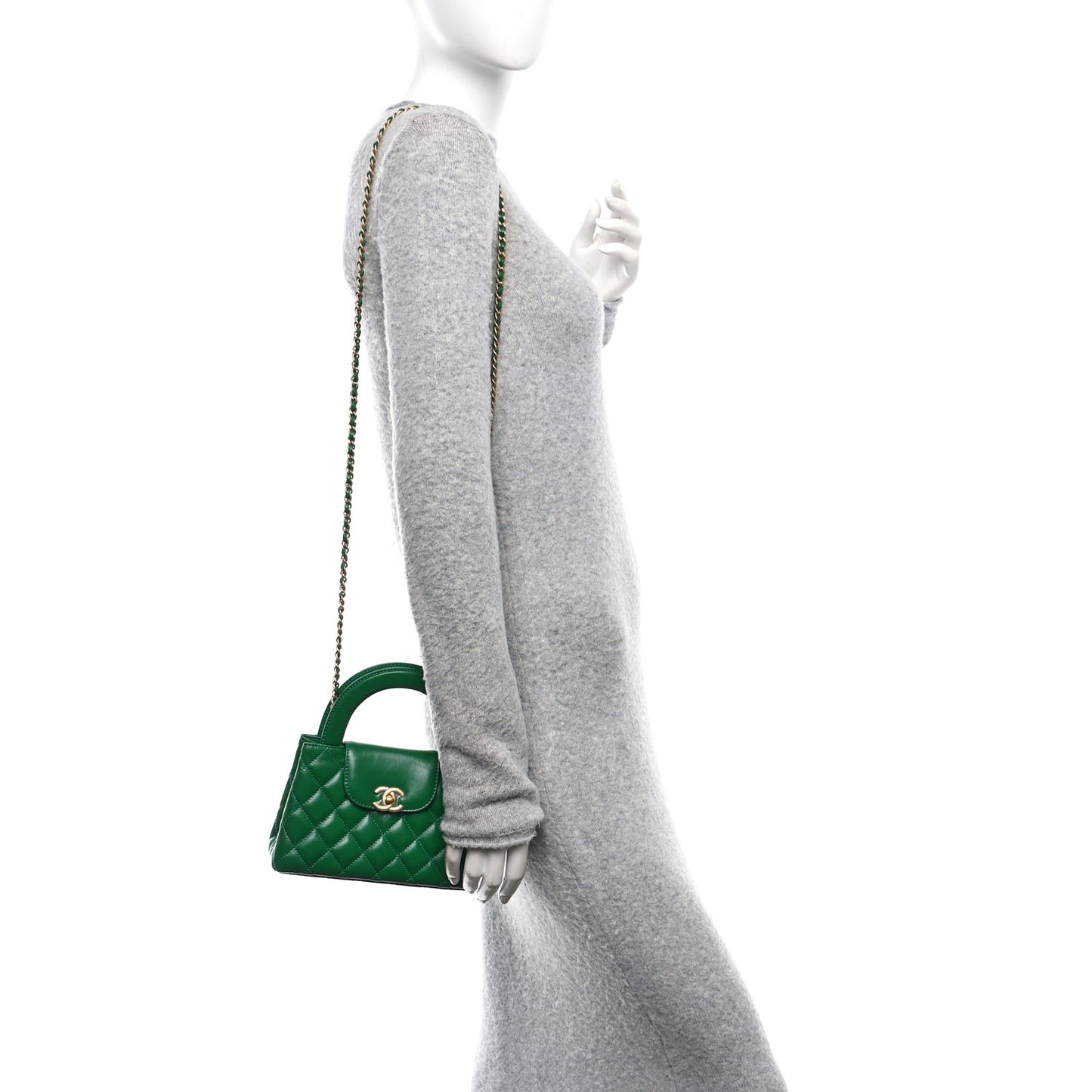 Shiny Aged Calfskin Quilted Nano Kelly Shopper Green
