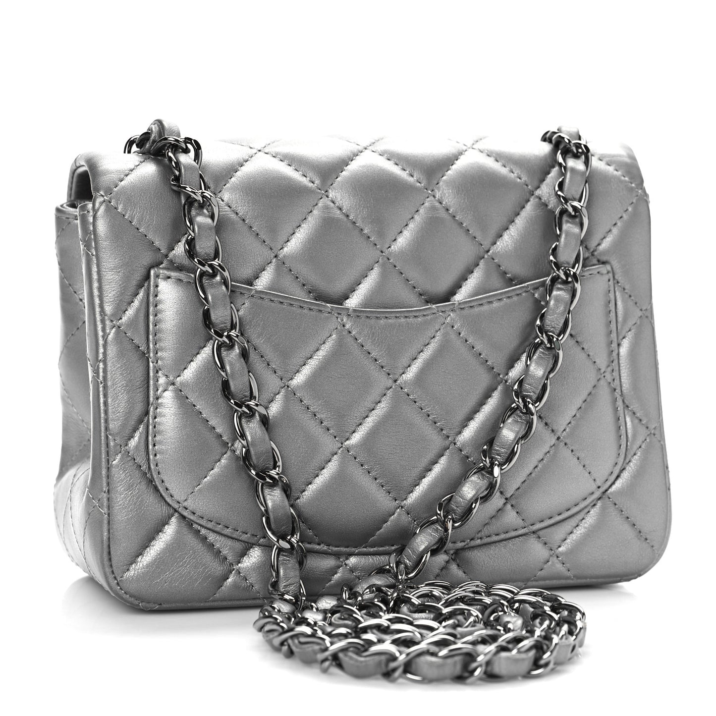 Metallic Lambskin Quilted Mini Square Flap Dark Silver