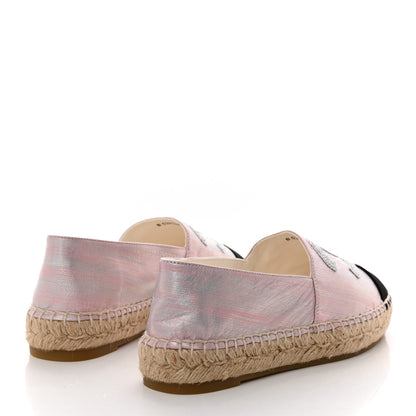 Chanel Laminated Lambskin Grosgrain Embroidered CC Espadrilles 37 Pink Silver Black 4 of 10