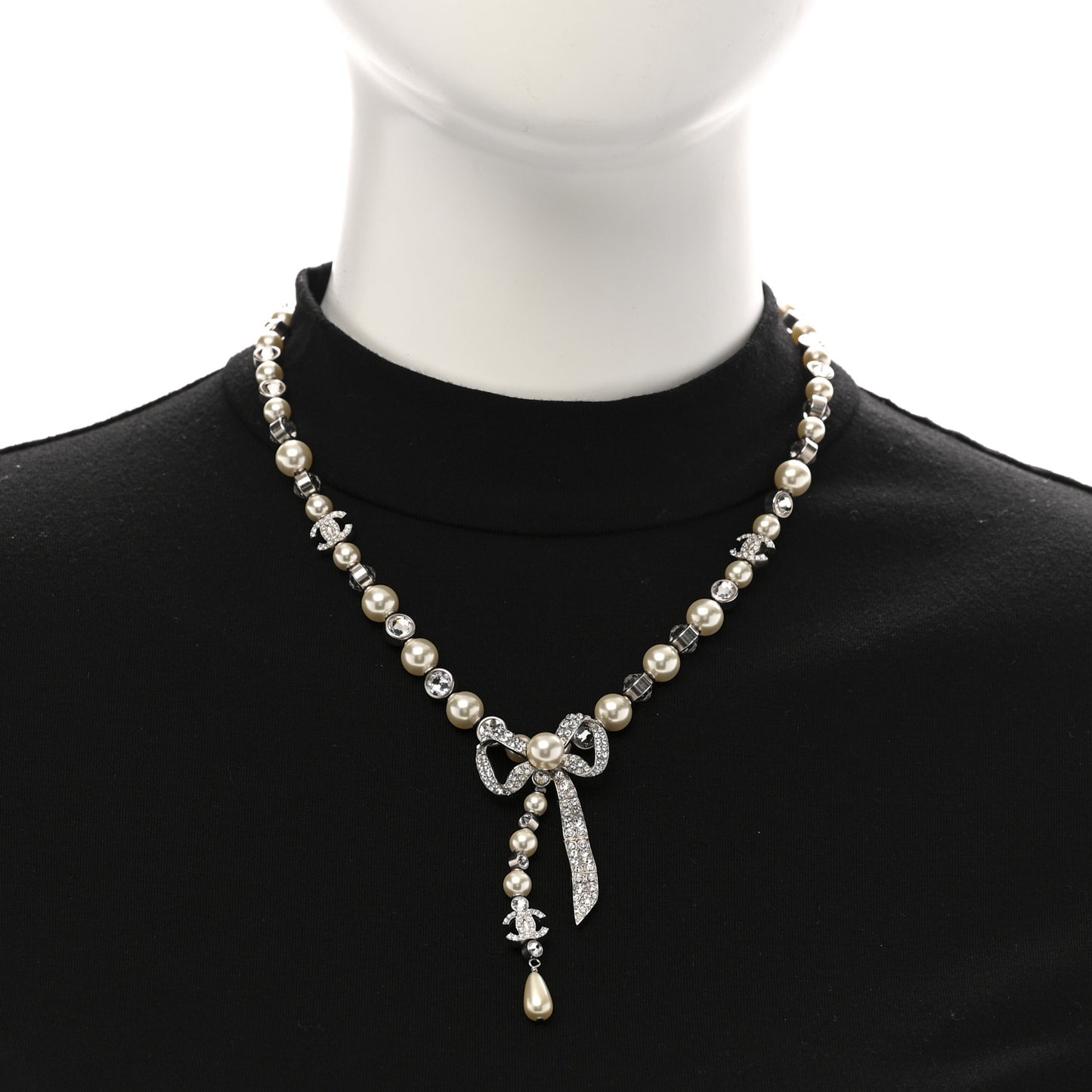 Crystal Pearl Bow CC Necklace Silver