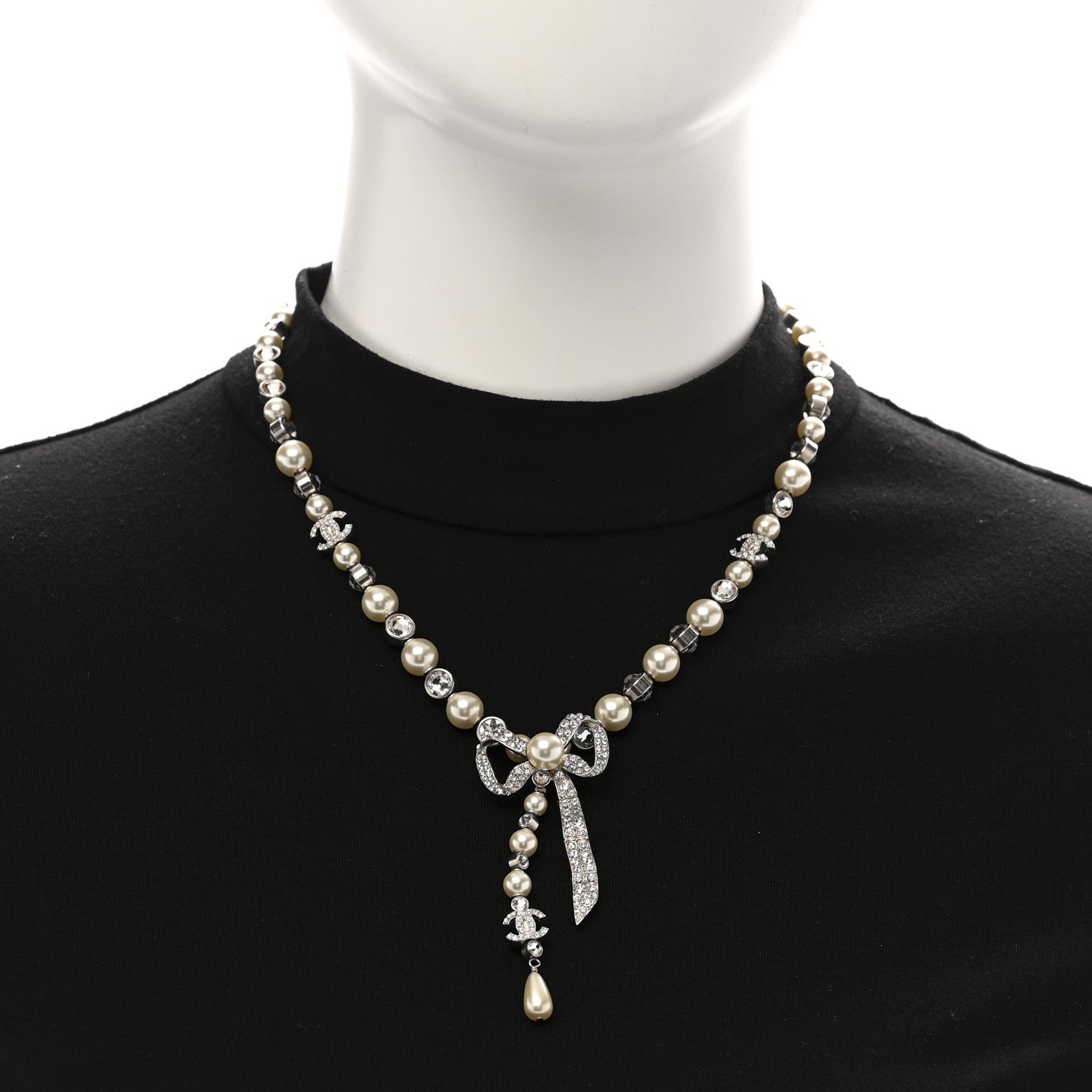 Chanel Crystal Pearl Bow CC Necklace Silver 2 of 6