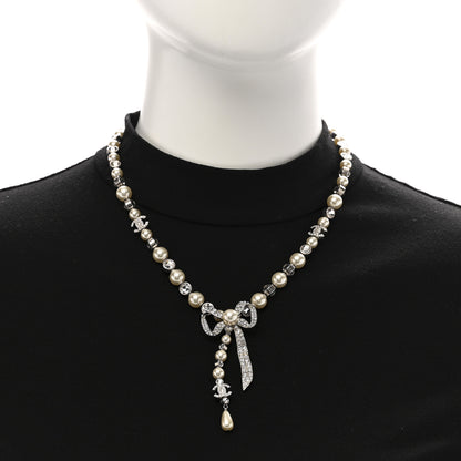Chanel Crystal Pearl Bow CC Necklace Silver 2 of 6