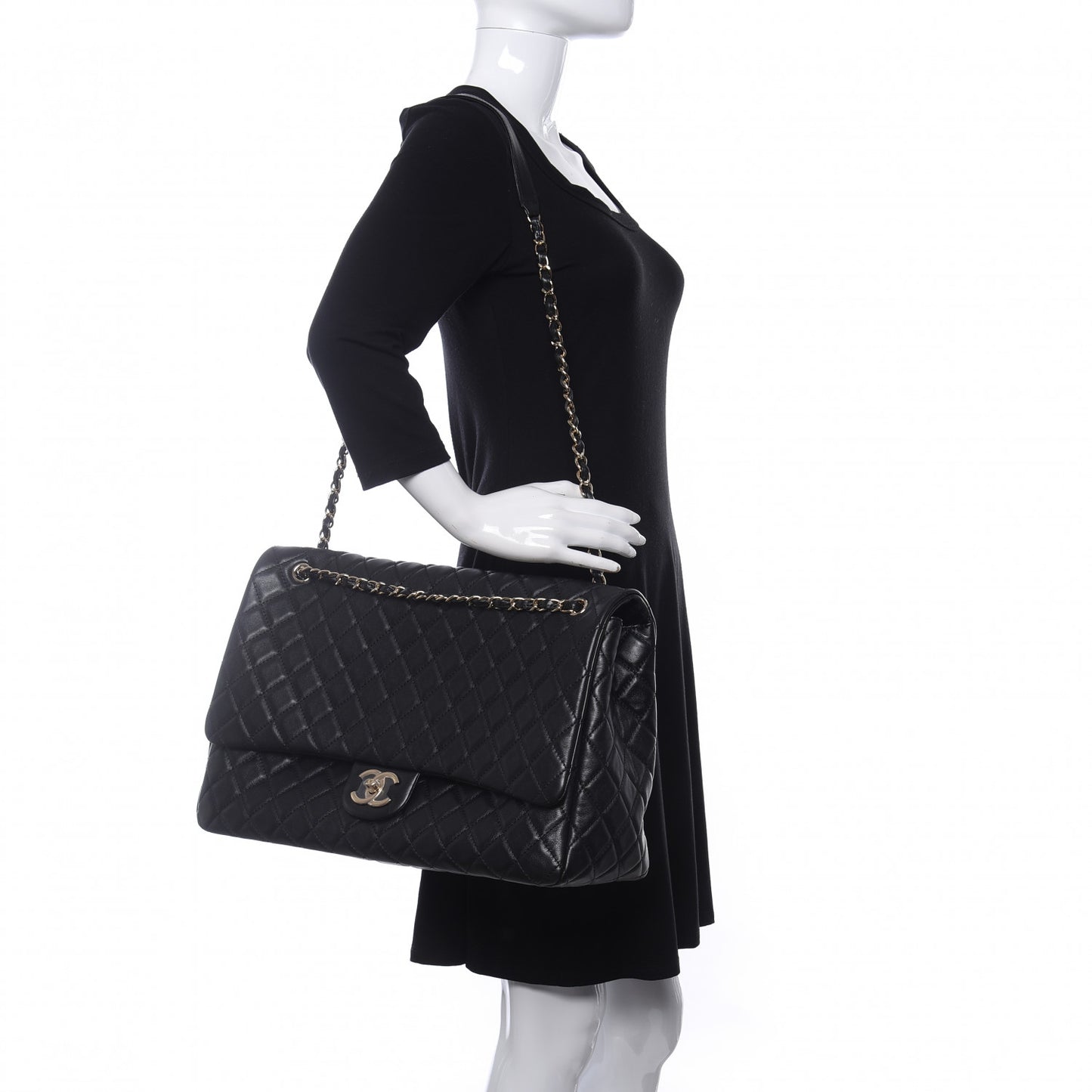 Metallized Calfskin Quilted XXL Travel Flap Bag Black