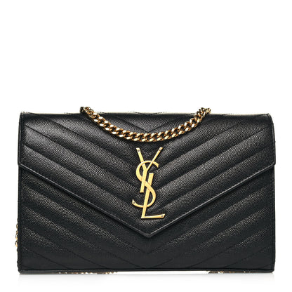Saint Laurent Grain De Poudre Matelasse Chevron Monogram Chain Wallet Black 1 of 14