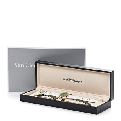 Van Cleef & Arpels 18K Yellow Gold Alligator Diamond Bezel Malachite 32mm Charms Quartz Watch 9 of 9