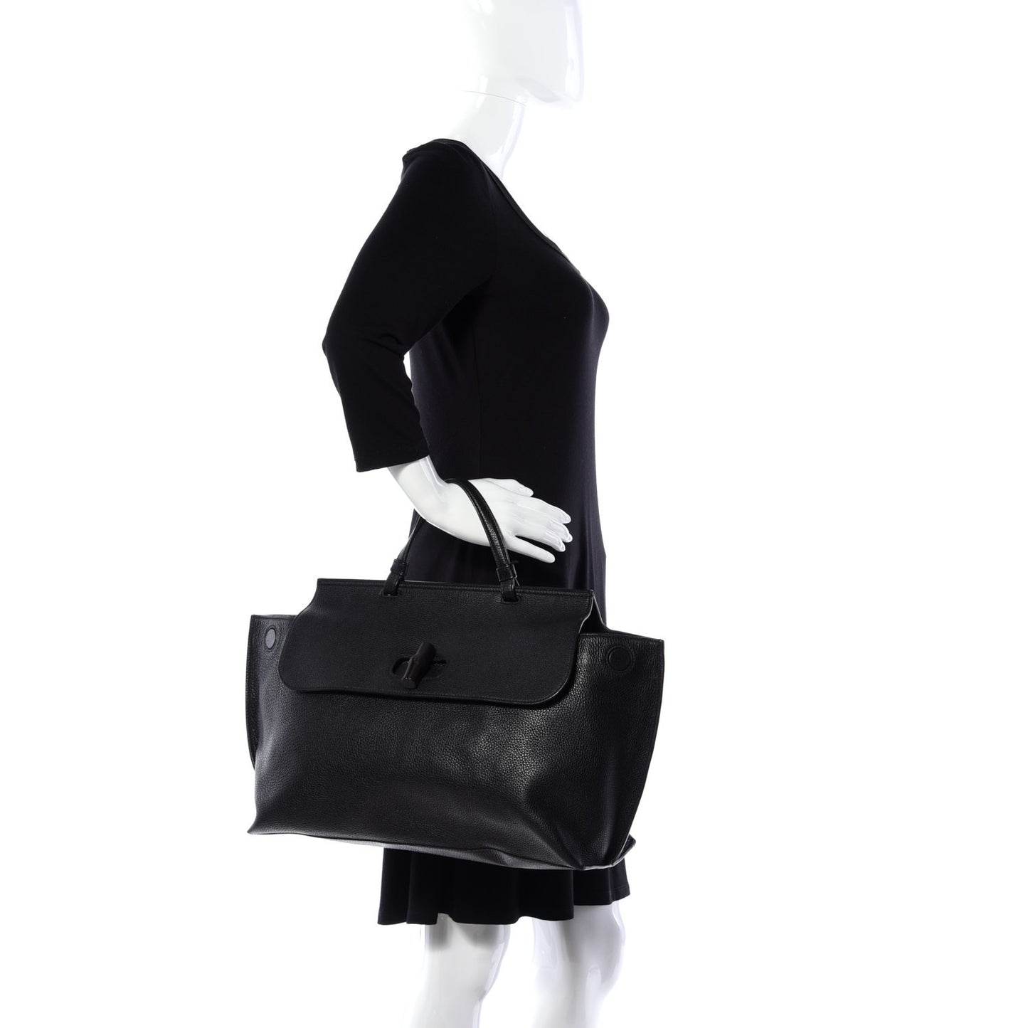 Pebbled Calfskin Large Bamboo Daily Top Handle Bag Black