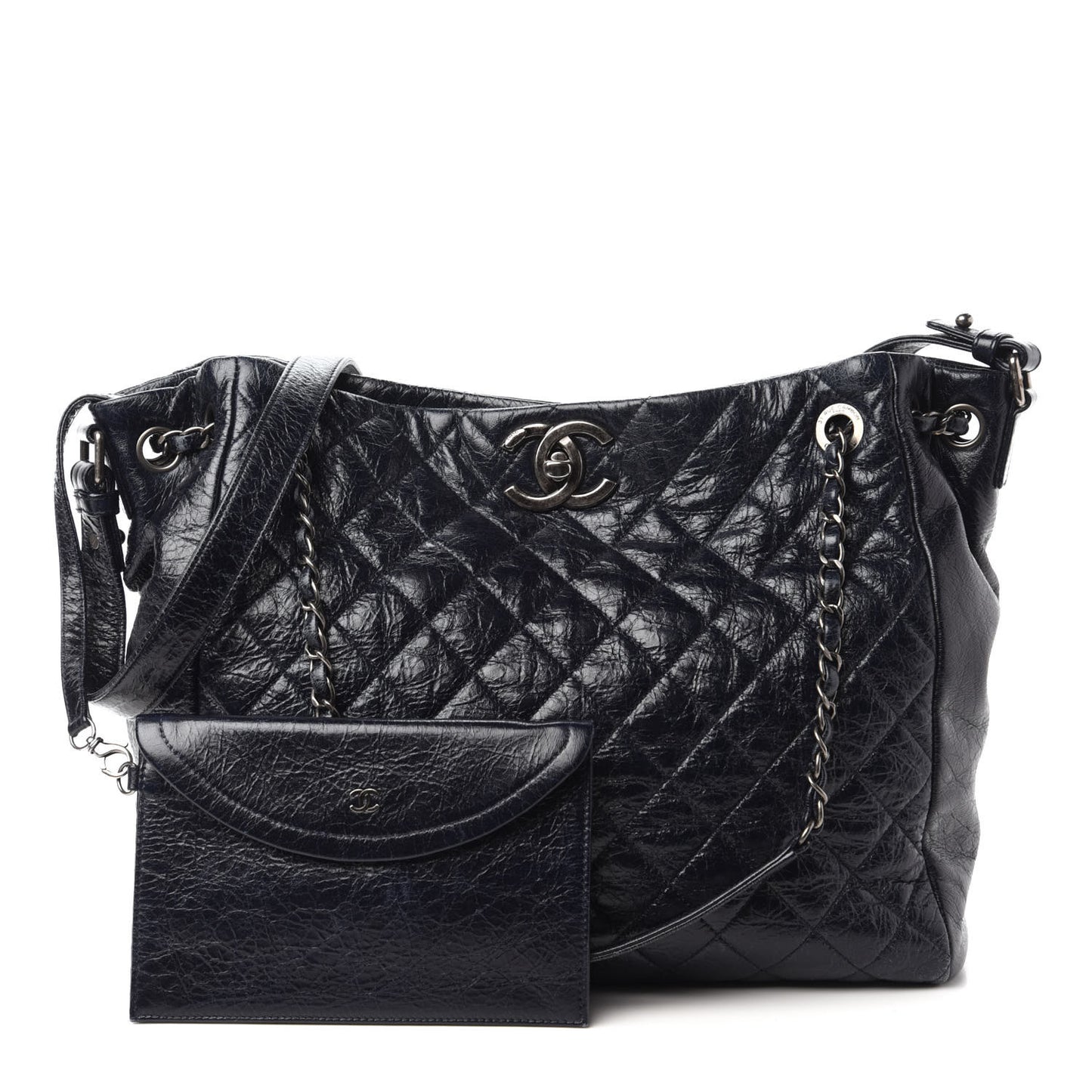 Glazed Calfskin Quilted Large Tote Black
