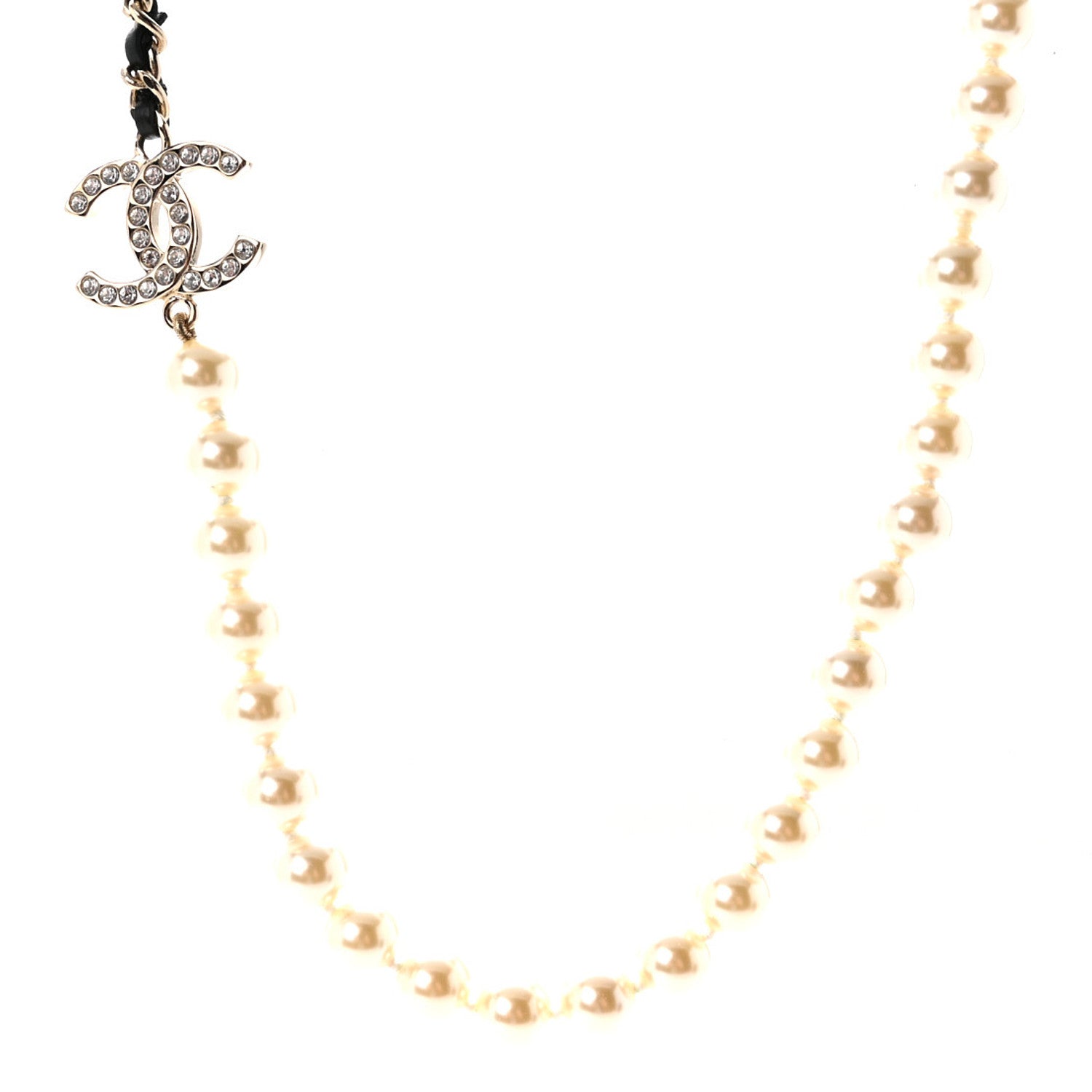 Chanel Lambskin Pearl Crystal CC Short Necklace Gold White Black 1 of 7