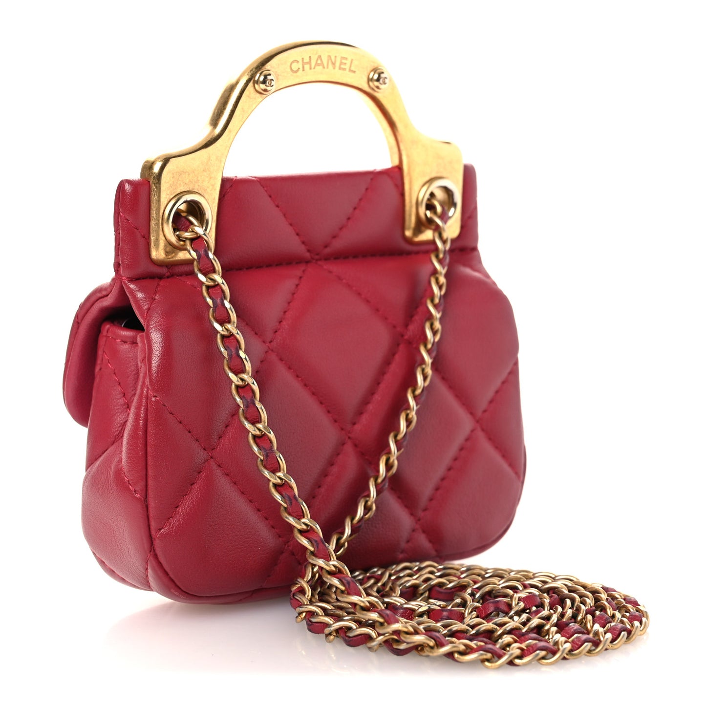 Calfskin Quilted Lady Handle Flap Card Holder With Chain Dark Pink