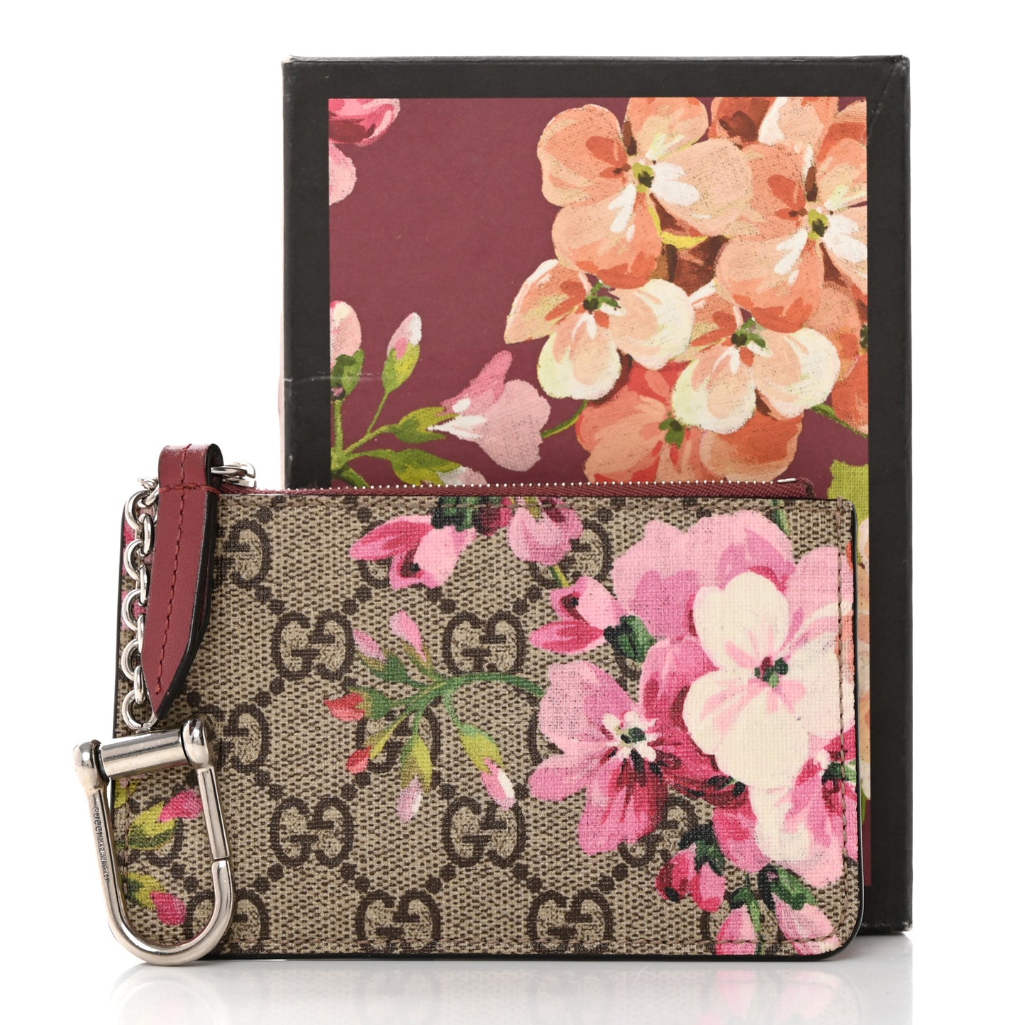 GG Supreme Monogram Blooms Key Ring Coin Case Beige Multicolor Dry Rose