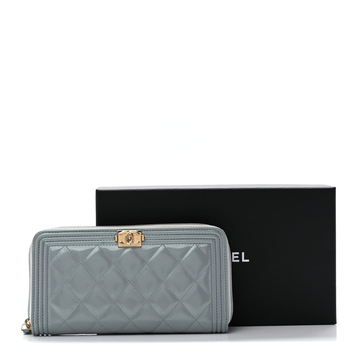 Metallic Patent Quilted Boy Zip Around Wallet Light Blue
